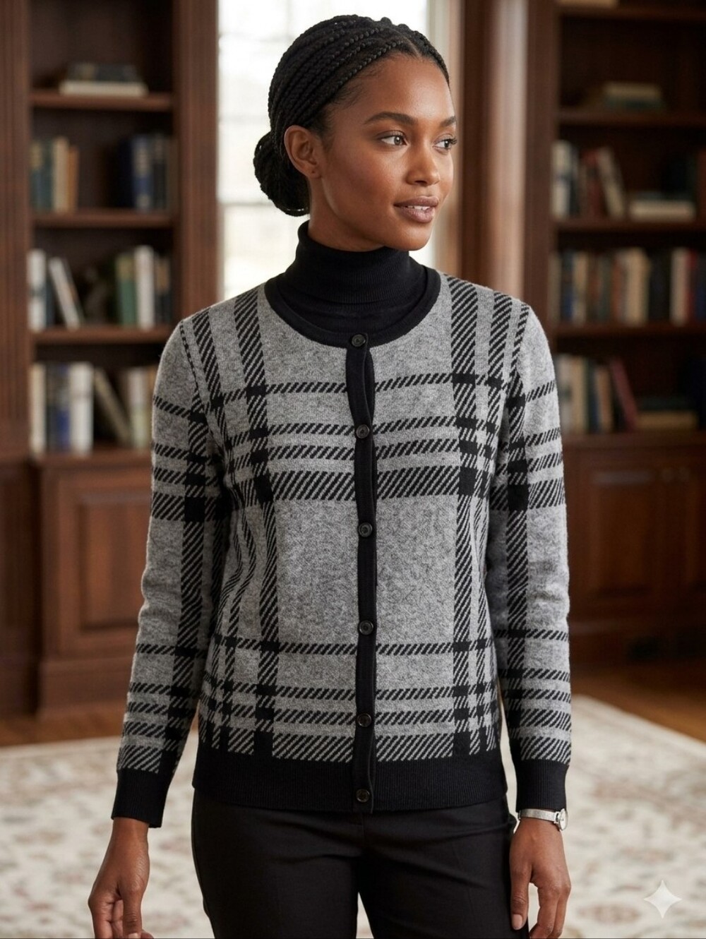 Karen Lessly Plaid Button Up Cardigan Knit Sweater Grey/Black Vintage Size L